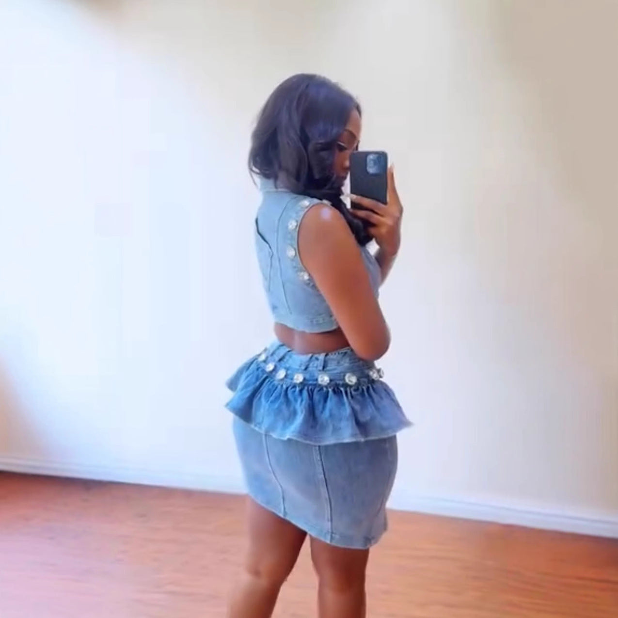 Cross-border European and American new women's clothing denim suit sleeveless lapel cardigan small vest, irregular short skirt two-piece set