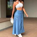European and american style high-waisted midi skirt -  cross-border fashion women's single-breasted button denim skirt with slit and large pockets