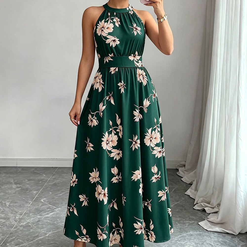 European and american cross-border women's summer  elegant halter neck tie waist floral print pleated maxi swing dress