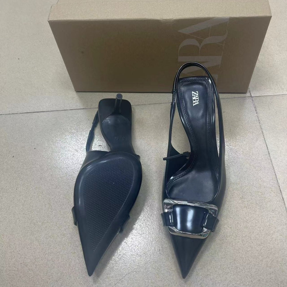 Za2024 summer new square buckle decorated stiletto sandals - black pointed toe back strap casual everyday sandals