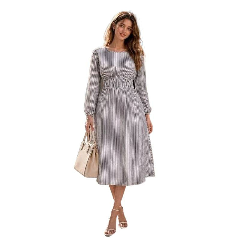 hot girl style  autumn casual flowy striped v-neck midi a-line dress