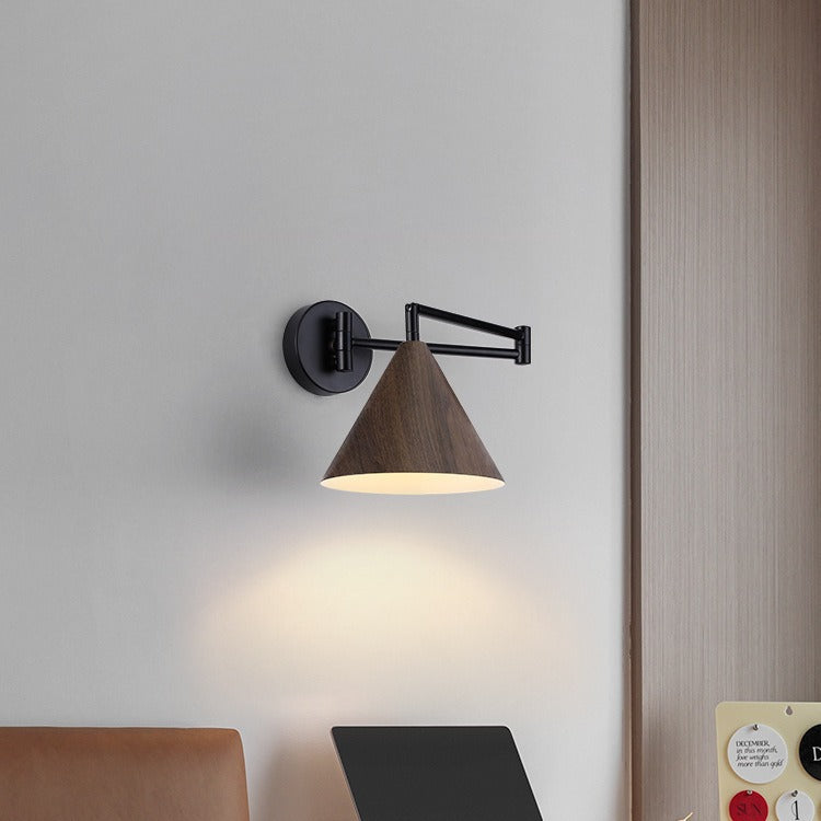 Wall lamp simple Nordic wood grain rocker arm lamp Japanese living room bedroom retractable displacement folding bedside reading lamp