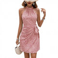 european and american cross-border women's summer fashion new style halter neck zipper sleeveless floral ruched mini dress