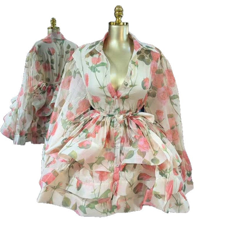 European and american cross-border women's fashion:  summer new arrival - fresh floral print, bow detail, cinched waist, ruffle hem, long sleeve dress