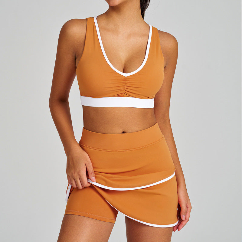 Color block ruched shockproof quick-dry shorts, fitness top, sports bra, underwear, yoga tennis skirt set for women