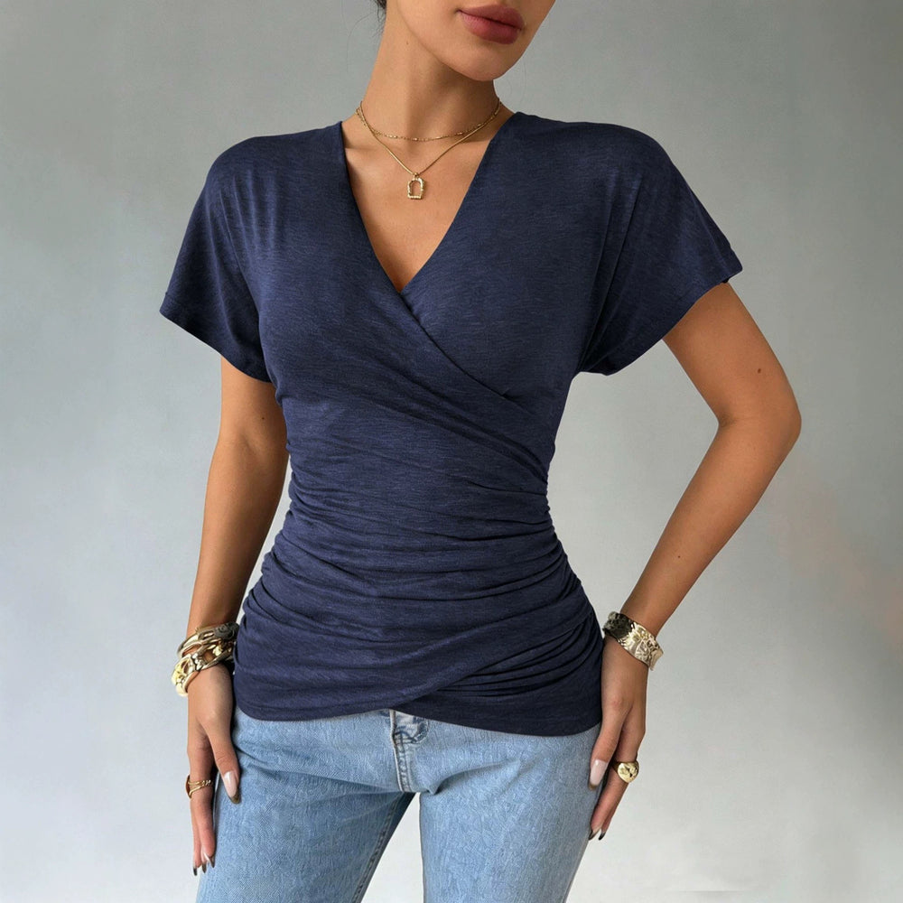 Amazon  european and american cross-border sexy hot girl knitted deep v design waist ruched slimming top