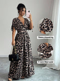 cross-border fashion summer printed v-neck fitted midi dress