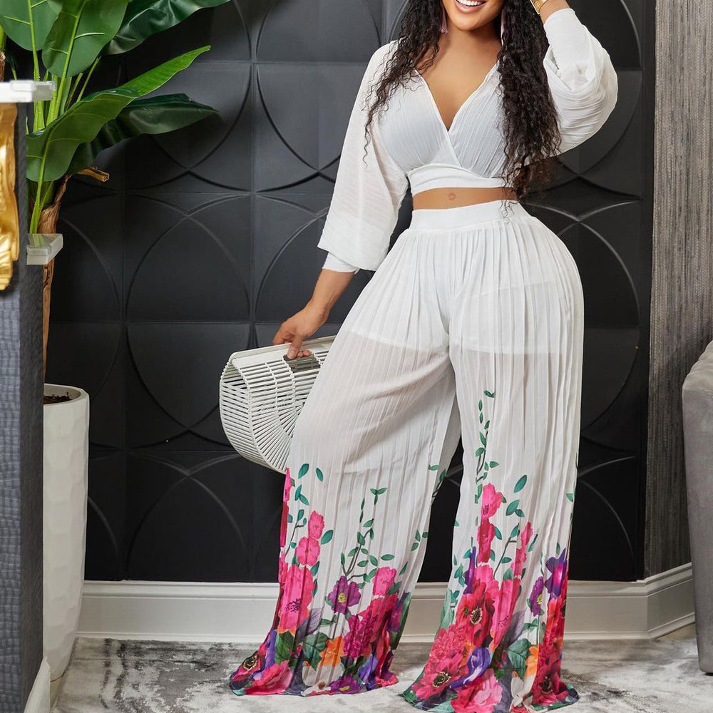 Q094 independent station spring new arrivalfashionelegantv neck bat sleeve chiffon tops high waistloose pants african suit