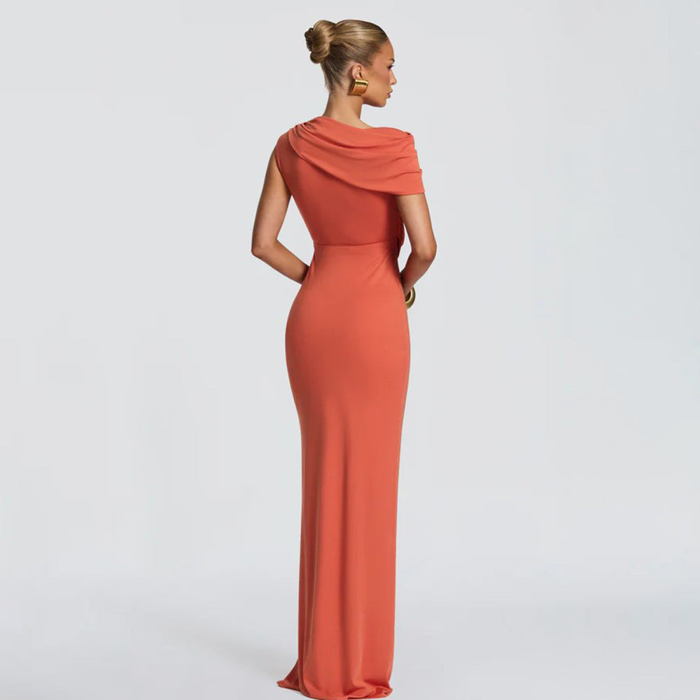 women's clothing  new arrival: elegant solid color one-shoulder cutout maxi dress - slim fit, waist-cinching, bodycon dress