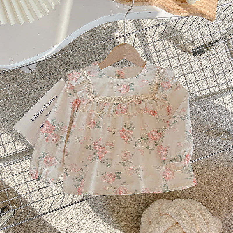 Girls'  autumn new arrival long-sleeve doll shirt with turn-down collar, spring/autumn chic embroidered blouse, korean style baby shirt, trendy
