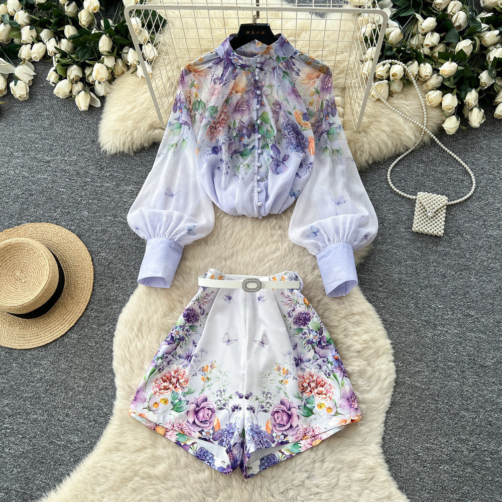 Export palace style printingfashionsuit women's lantern sleeve stand collar tops high waistshortstwo-piece setwork clothing outfit