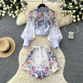 Export palace style printingfashionsuit women's lantern sleeve stand collar tops high waistshortstwo-piece setwork clothing outfit