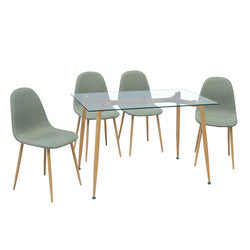 Customizable home dining table and chair set - minimalist clear glass table with upholstered chairs - modern restaurant style, export quality, complete dining set