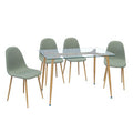 Customizable home dining table and chair set - minimalist clear glass table with upholstered chairs - modern restaurant style, export quality, complete dining set
