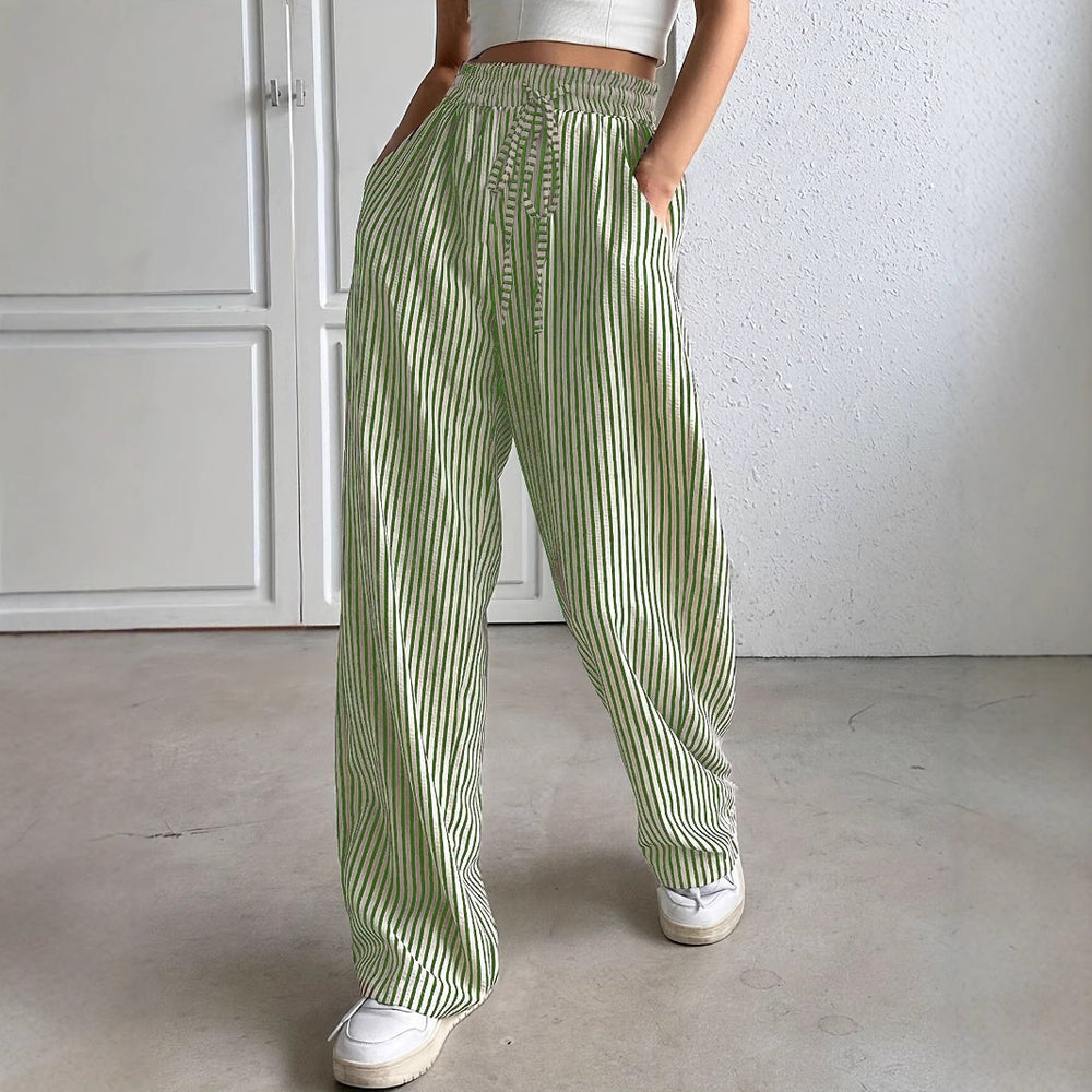 2025 european and american cross-border amazon new striped wide-leg pants drawstring pocket casual trousers straight-leg women's pants