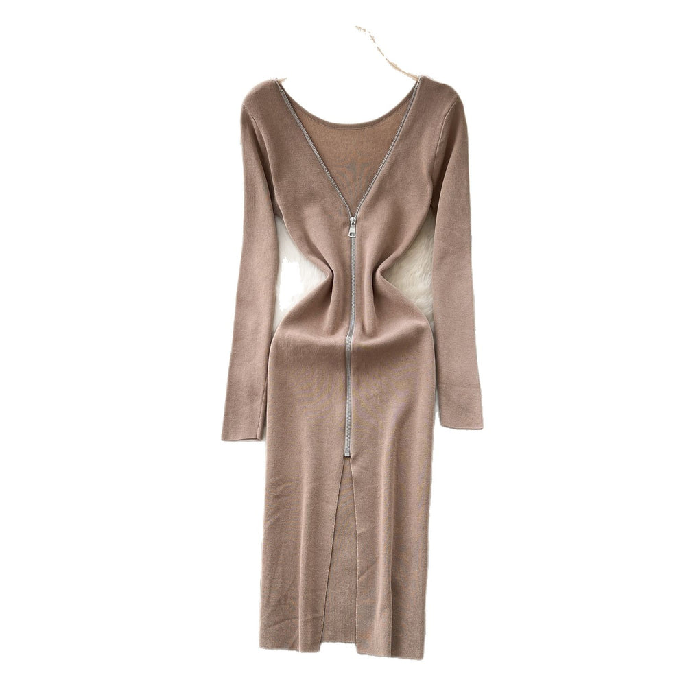 Korean style chic design v-neck zipper long sleeve slim-fit dress - women's autumn waist-cinching slit sweater dress