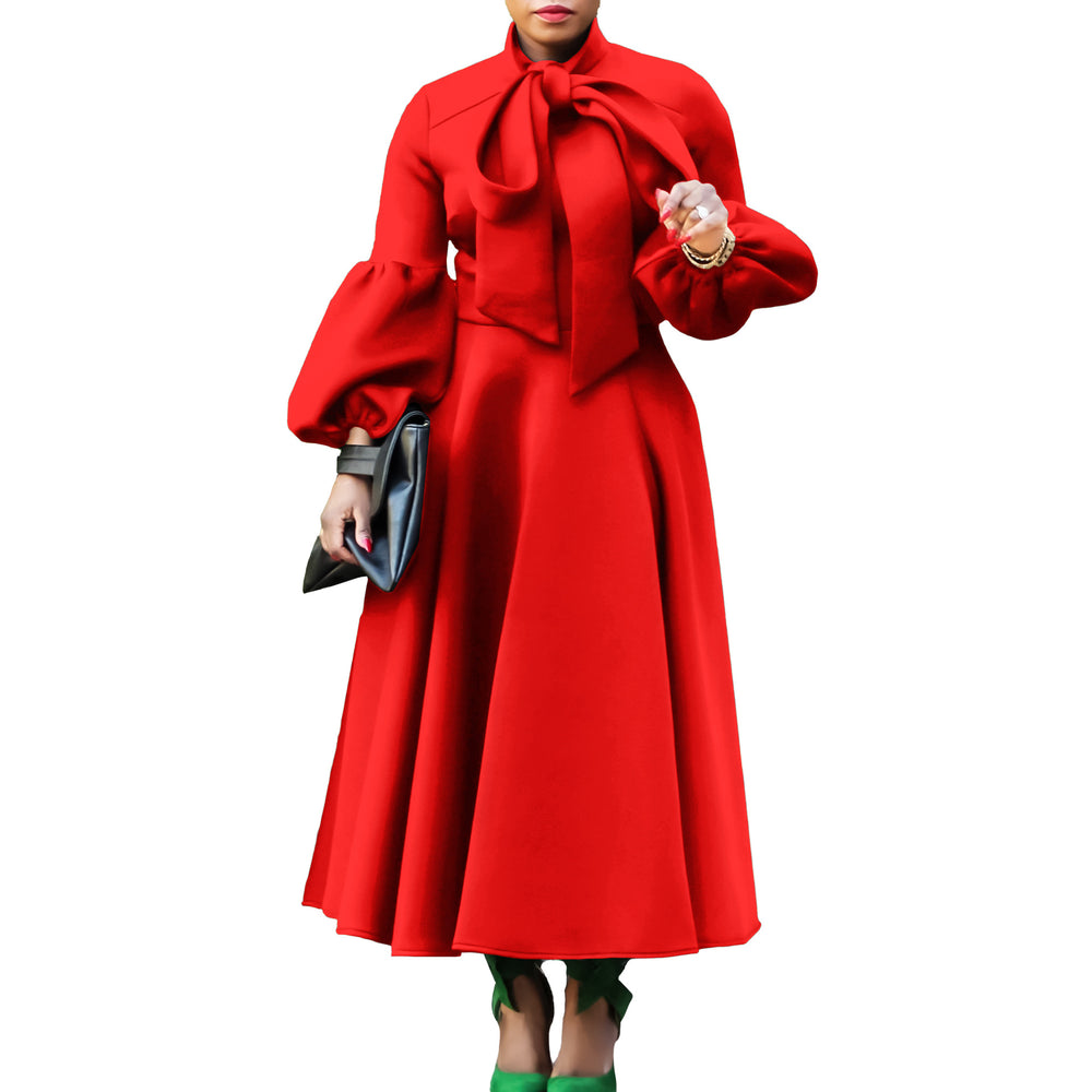 Amazon  spring new arrivalfashiontie back lantern sleeve high waistbowsplus size swing dress cross-border dress