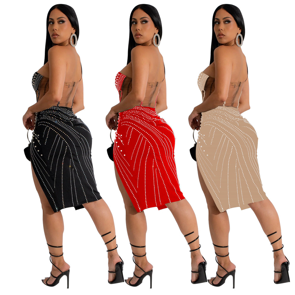 C6968 cross-border   independent station fashion fashion women's net rhinestone medium longdress