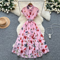 French fashion polo collar short sleeve waist dress women's summer classy slimming lookelegant large swing printing long skirt