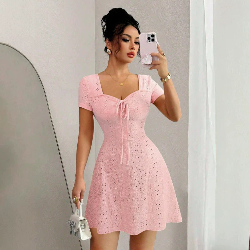 new summer french-style slimming chanel-inspired cinched waist v-neck knit dress