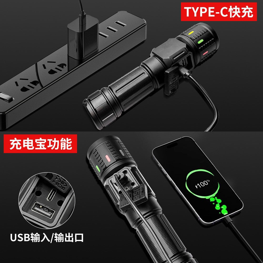 Cross-border new white laser strong light flashlight USB charging outdoor zoom digital display with side light LED flashlight