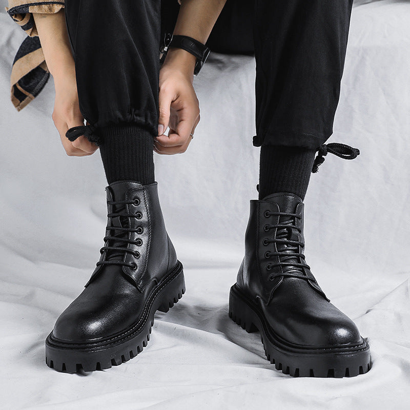 Popular martin boots for men, high-top trendy spring & fall british style, retro mid-top leather shoes, heightening black leather boots