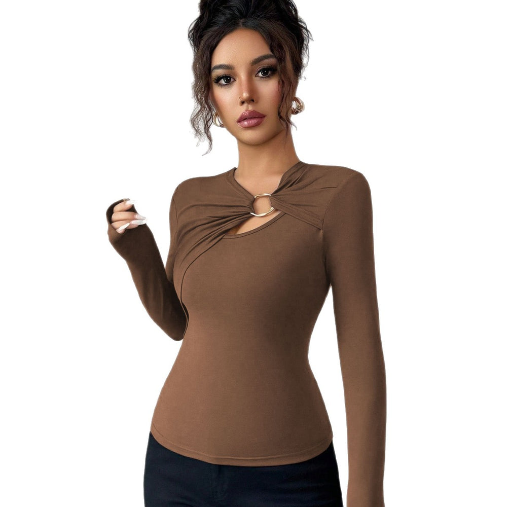 Amazon fashionexport women's pure colorsense of designcut outlong sleeves right shoulder t-shirt silmeleganttops