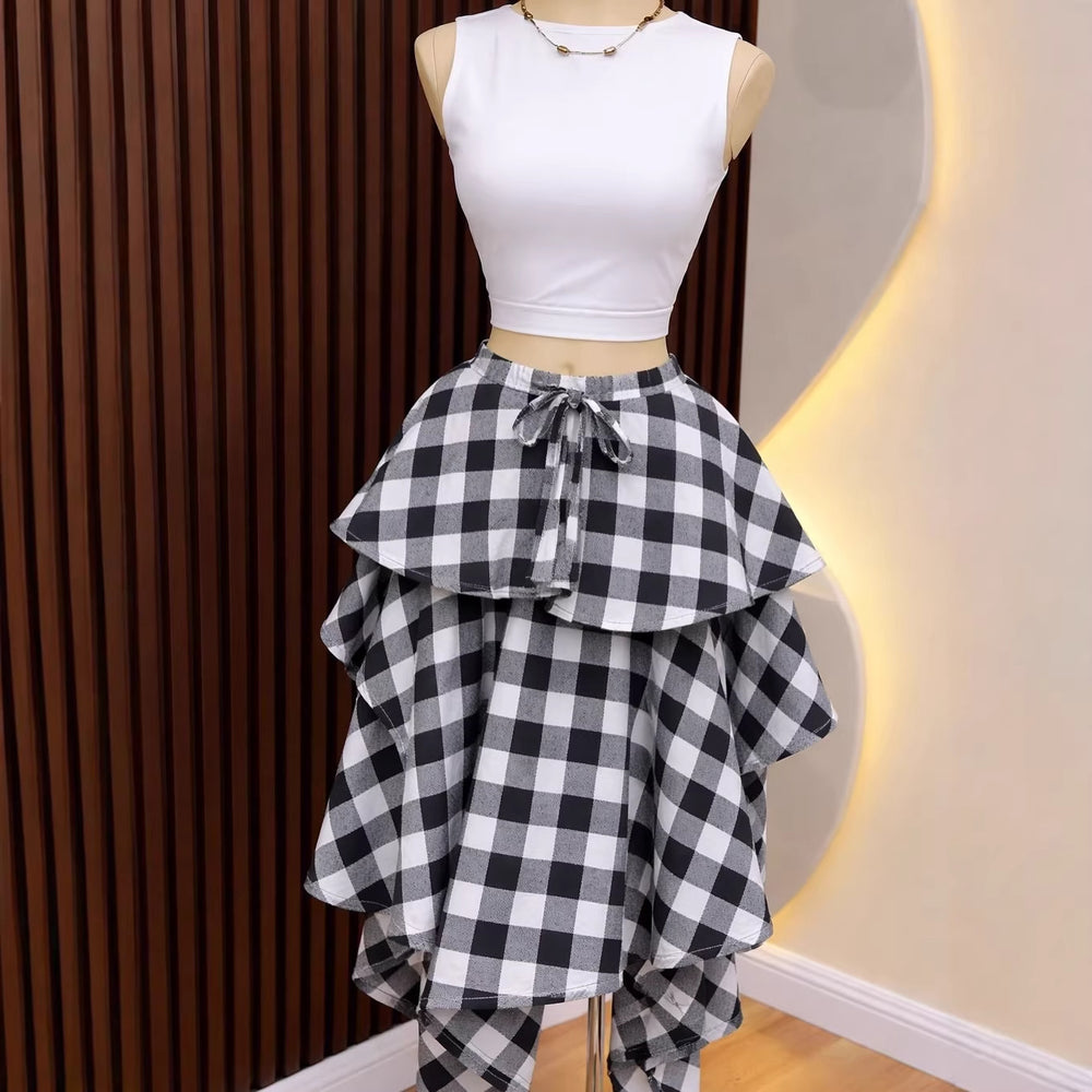 European and american cross-border women's fashion:  summer new arrival - high-waisted plaid layered midi skirt with asymmetrical hem