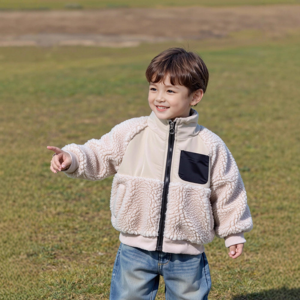 Children's winter cotton-padded jacket: unisex baby loose-fit patchwork lambswool fleece-lined sweatshirt, thickened warm outerwear