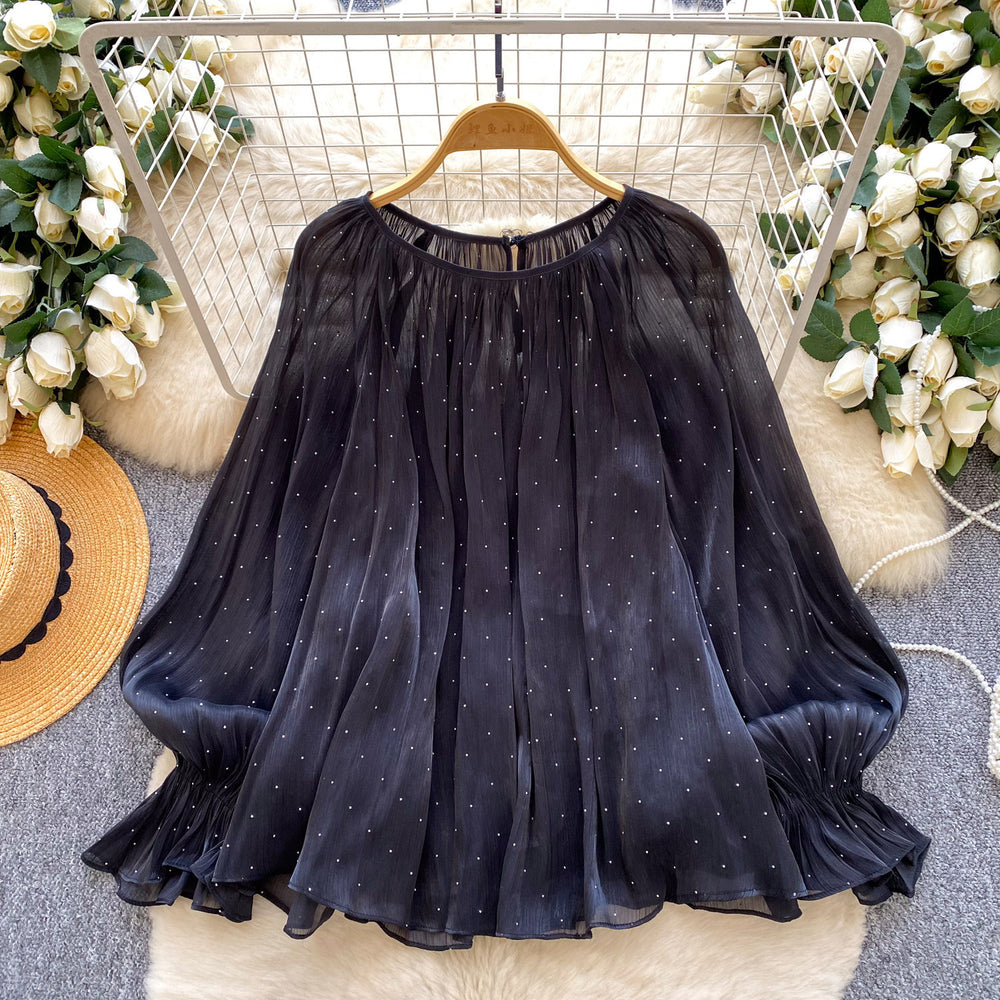 French style palace style heavy industry hot diamond patchwork lantern sleeve streamer mesh shirt loose flesh-covering tops