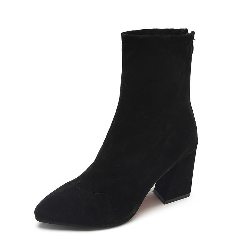 Women's boots: new korean style 2025 autumn/winter mid-calf pointed-toe chunky heel ankle boots, women's high heel elastic boots