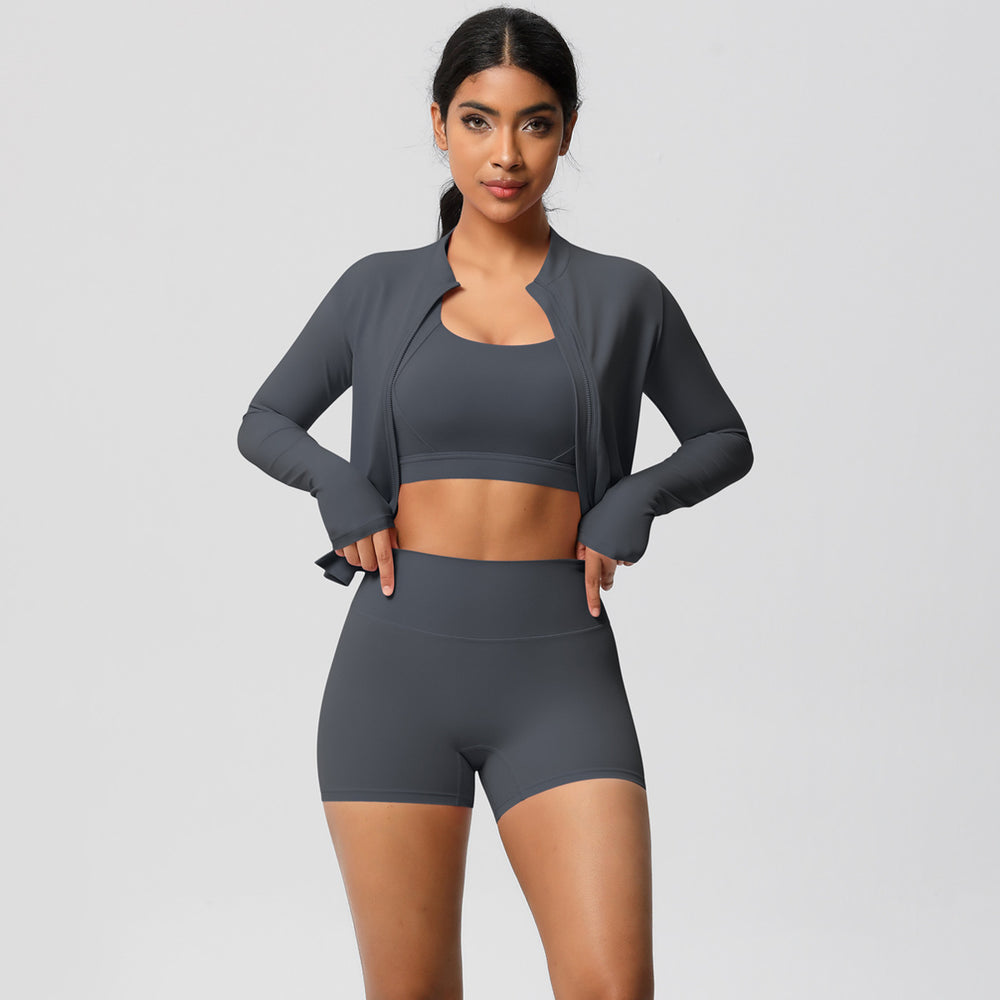 European and american solid color brushed fleece compression quick-dry yoga set - short length cloud-like outdoor running fitness activewear three-piece set