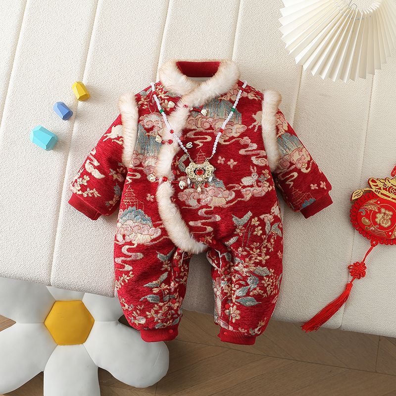 Baby girl winter new year greetings clothes baby winter clothes thickened romper romper winter outing retro one-piece