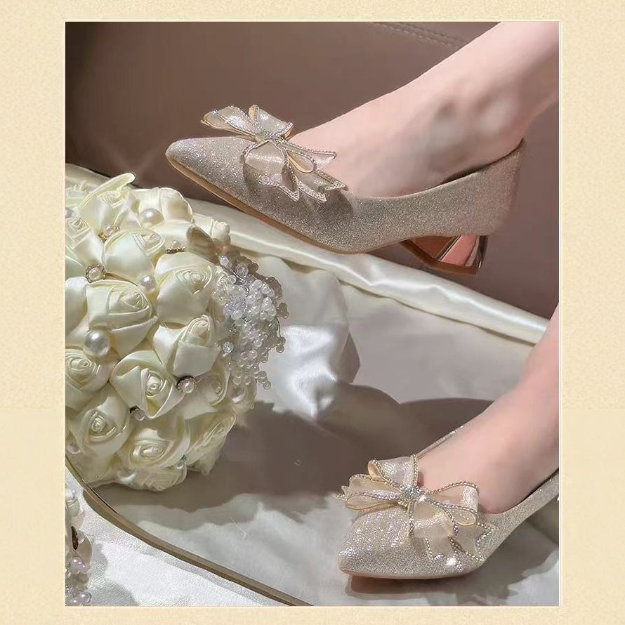2025 new champagne butterfly wedding shoes women's mid-heel chunky heel party shoes