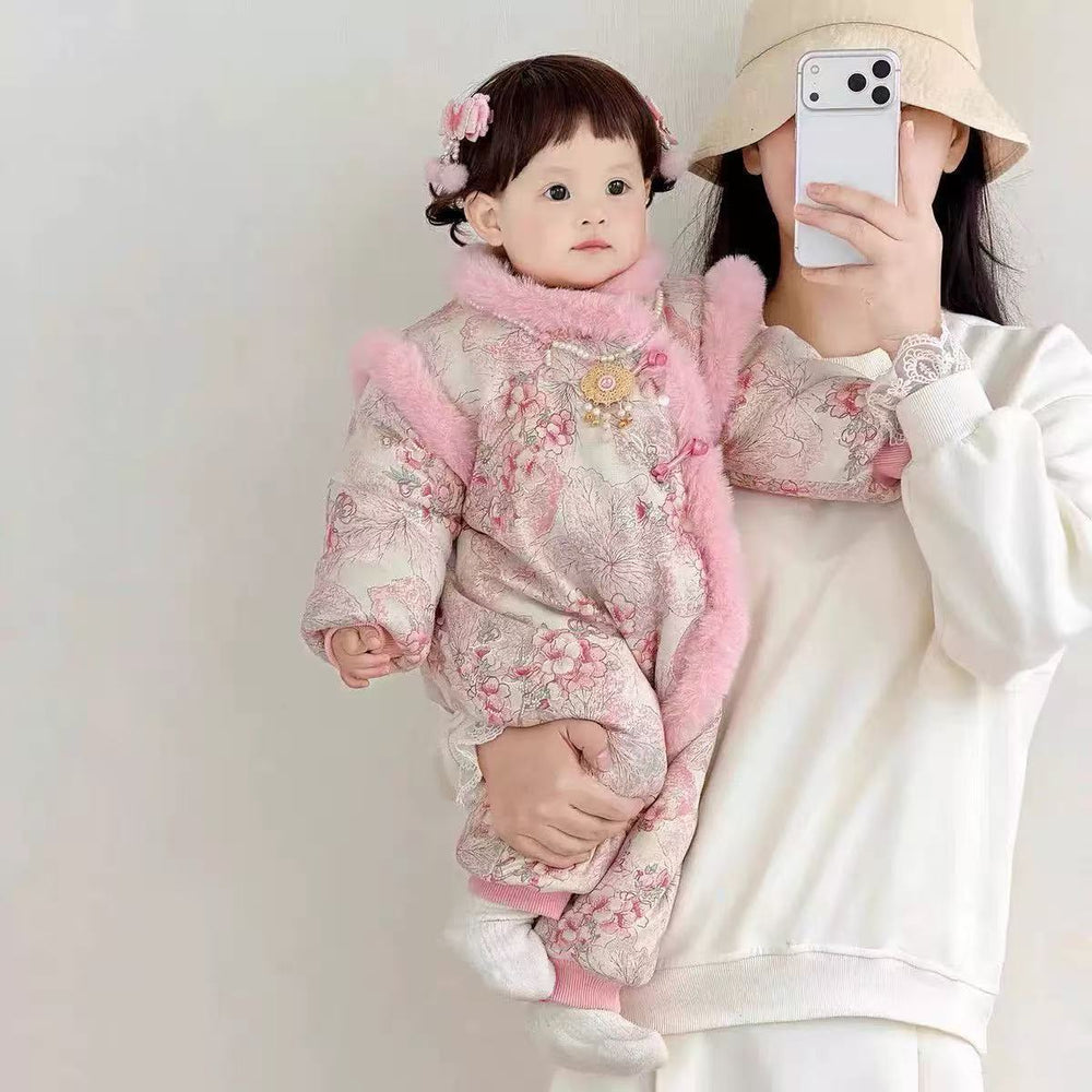 Newborn baby girl cute princess full moon baby fall and winter chinese style jumpsuit han dynasty thickenedcute outing clothes