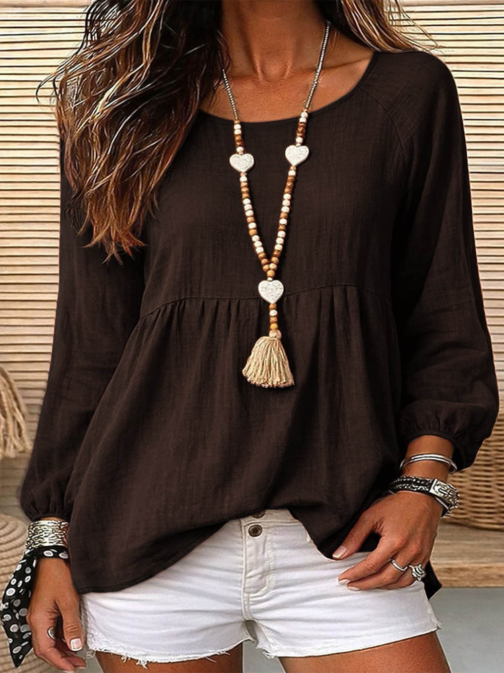Export holiday style doll textured linen round neck cuff long sleeves pleated hem loose pullover shirt