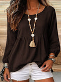 Export holiday style doll textured linen round neck cuff long sleeves pleated hem loose pullover shirt