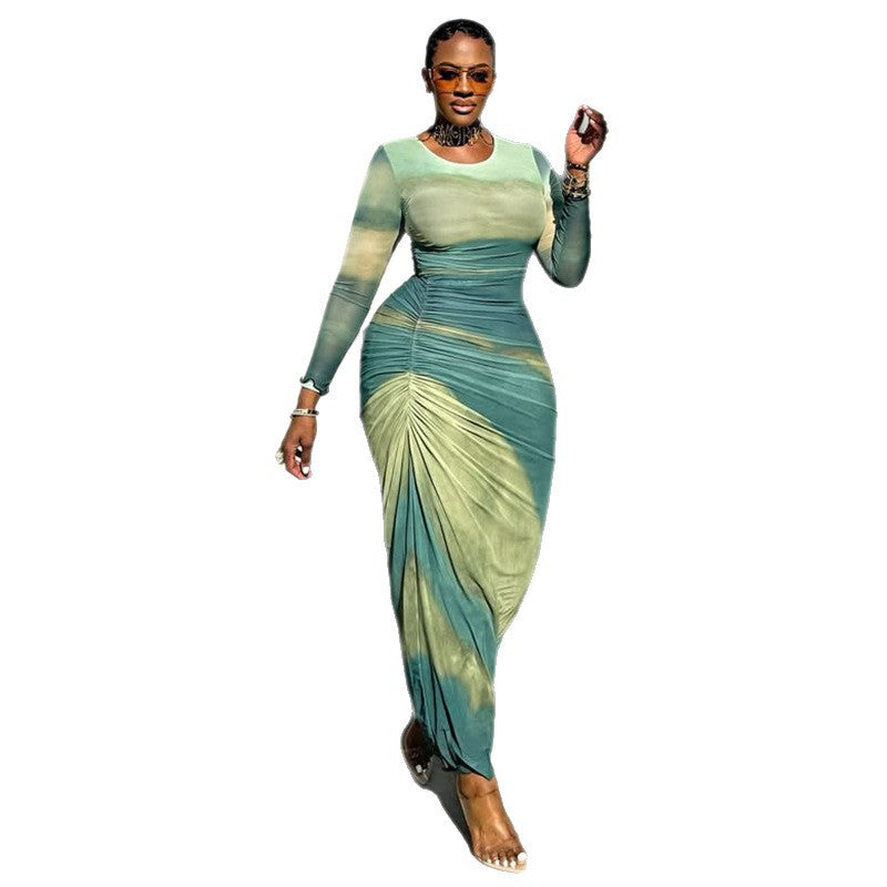 Fashion style exportwork clothing women's printed pleated waist slimming look hip skirt round neck long sleeves design dress trendy