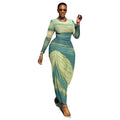 Fashion style exportwork clothing women's printed pleated waist slimming look hip skirt round neck long sleeves design dress trendy