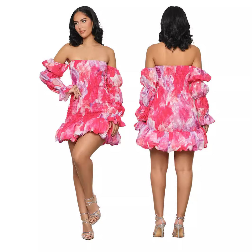 summer new arrival: ins european and american style sexy bodycon puff sleeve off-the-shoulder printed long sleeve mini dress