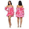 summer new arrival: ins european and american style sexy bodycon puff sleeve off-the-shoulder printed long sleeve mini dress