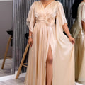 retrov necksatin mid-sleeve dress stereo flower waist slit evening party dress dress