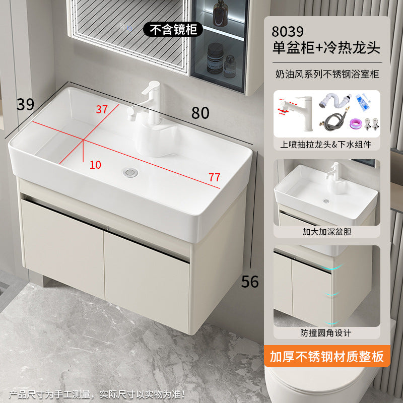 Small apartment bathroom cabinet Thickened stainless steel washstand Integrated cabinet Storage mirror Washstand Deepened ceramic integrated basin