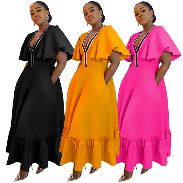 N7982 Cross-border 2024 Cross-border Europe, America,  Large Size Women's Clothing V-Neck Lotus Leaf Sleeve Pleated Casual Dress Women