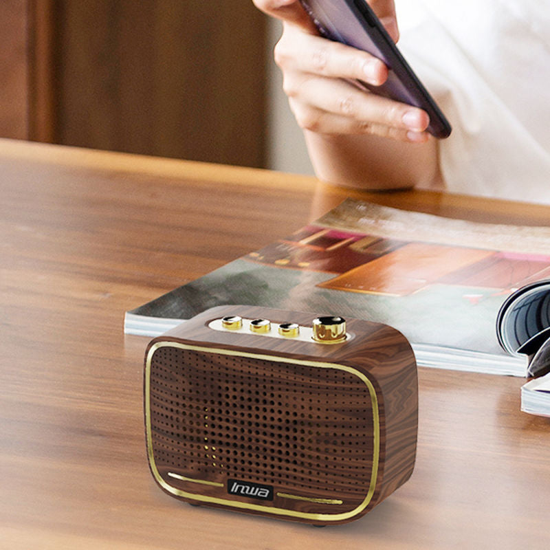 Inwa retro series mini retro speaker - desktop bluetooth speaker with premium hydrographic wood grain electroplating finish