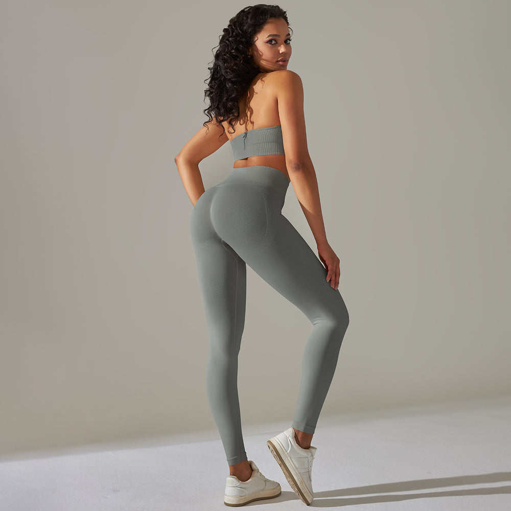 Spring/summer new solid color knitted seamless peach lift leggings with sports bra set - yoga & fitness apparel for women