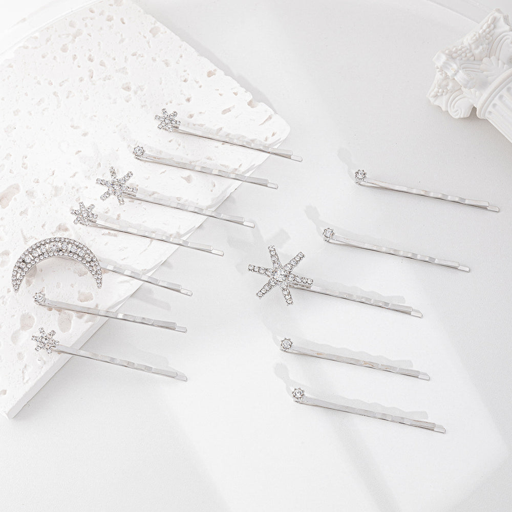 Wholesale alloy electroplated snap hair clips - european & american style cross-border jewelry, moon headwear, unique snowflake layered hair clip set for women