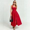 Frenchretrohaltertie backdress women's backless waist large slit red atmosphere vacation mid length skirt
