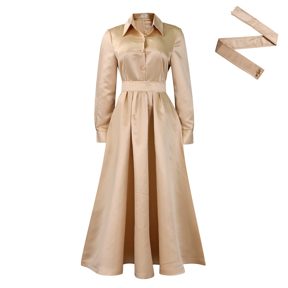 D532  european and american women's clothing  autumn new arrival big swing solid color turn-down collar long sleeve a-line dress african dress