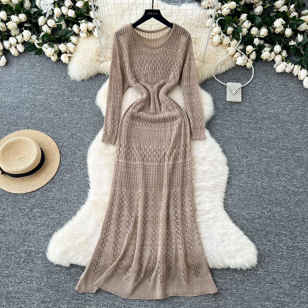 Korean style hollow-out crochet knit dress - women's slimming, long-sleeved dress with inner layer camisole two-piece set